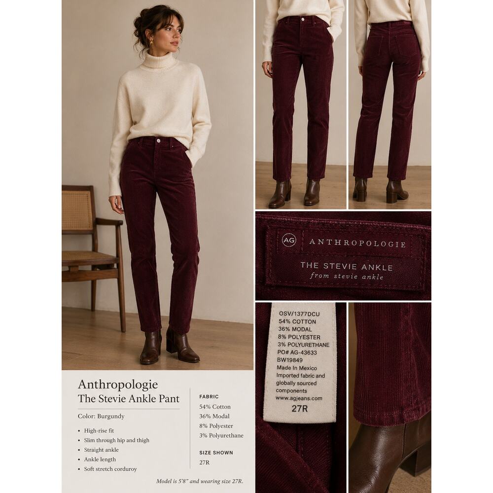 Anthropologie The Stevie Ankle Corduroy Pants Jeans Burgundy Size 27R